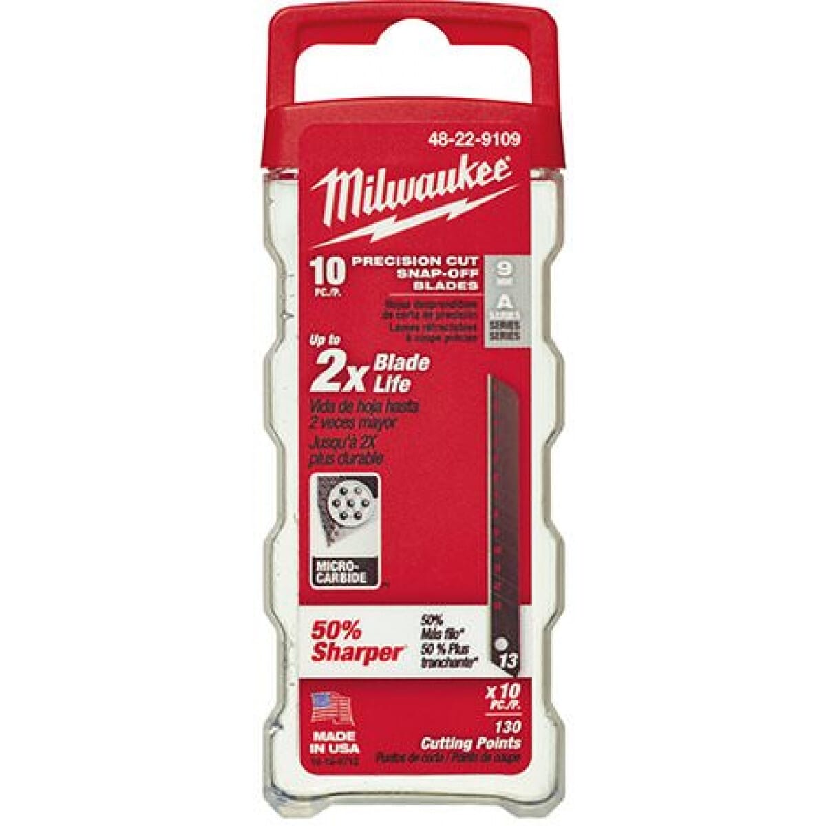 Milwaukee® 48-22-9109 Pro 10-Piece Precision Utility Knife Blade With Dispenser, Micro Carbide Metal, Snap-Off, 4-7/8 in L x 9 mm W Blade, Compatible With: Milwaukee® Most Standard Utility Knives, 0.015 in THK